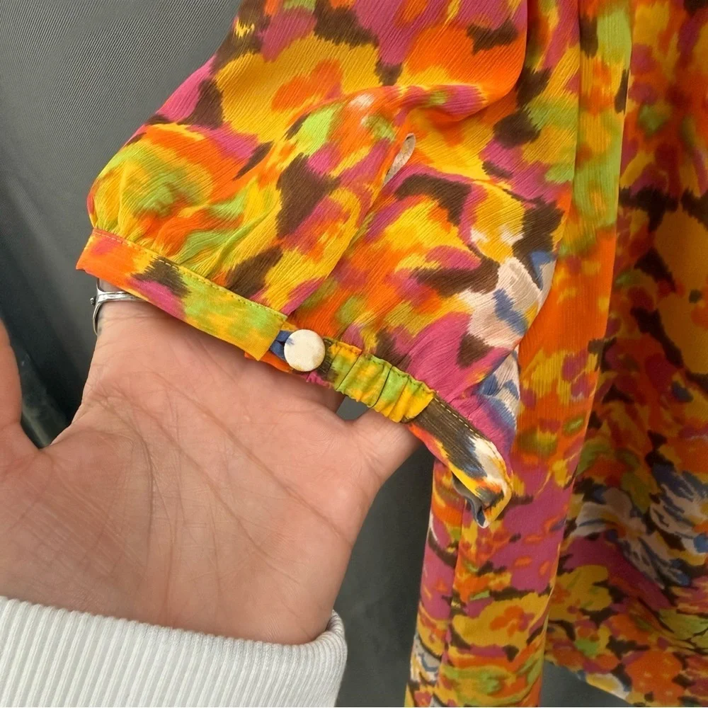 J. Crew Vibrant Floral Ruffle Blouse - Pink, Orange, Yellow